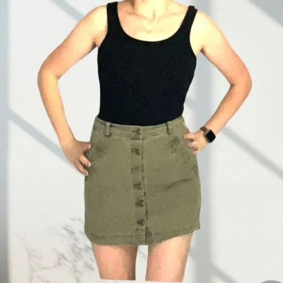 Abercrombie & Fitch Olive Green Military Button Down Mini Skirt 2 - Picture 5 of 14